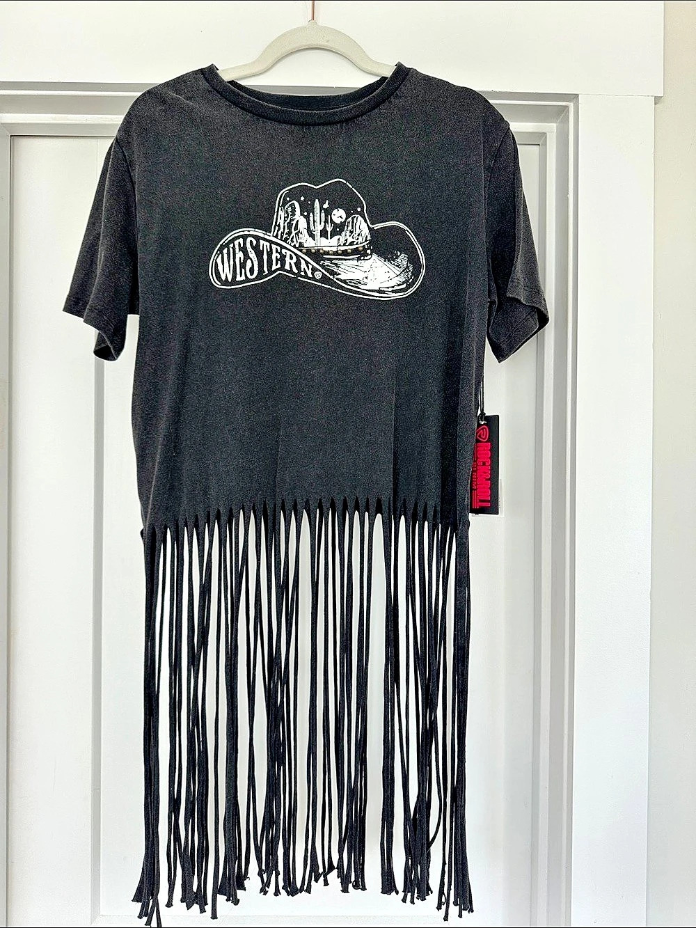 Rock & Roll Denim Western Fringe Tee With Studs Black Medium